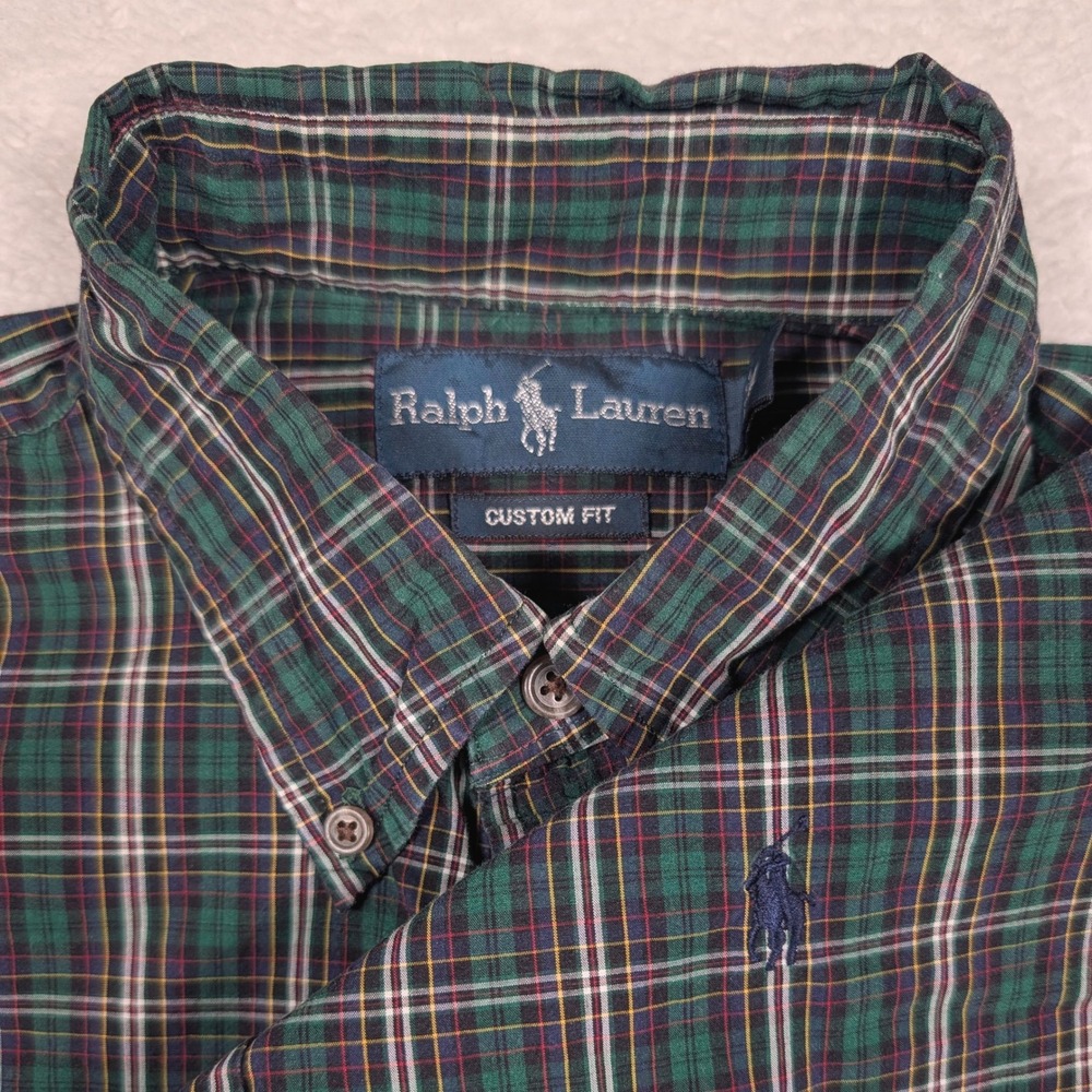 Polo Ralph Lauren Button Down Mens Medium Green Plaid Custom Fit Long Slv Pony